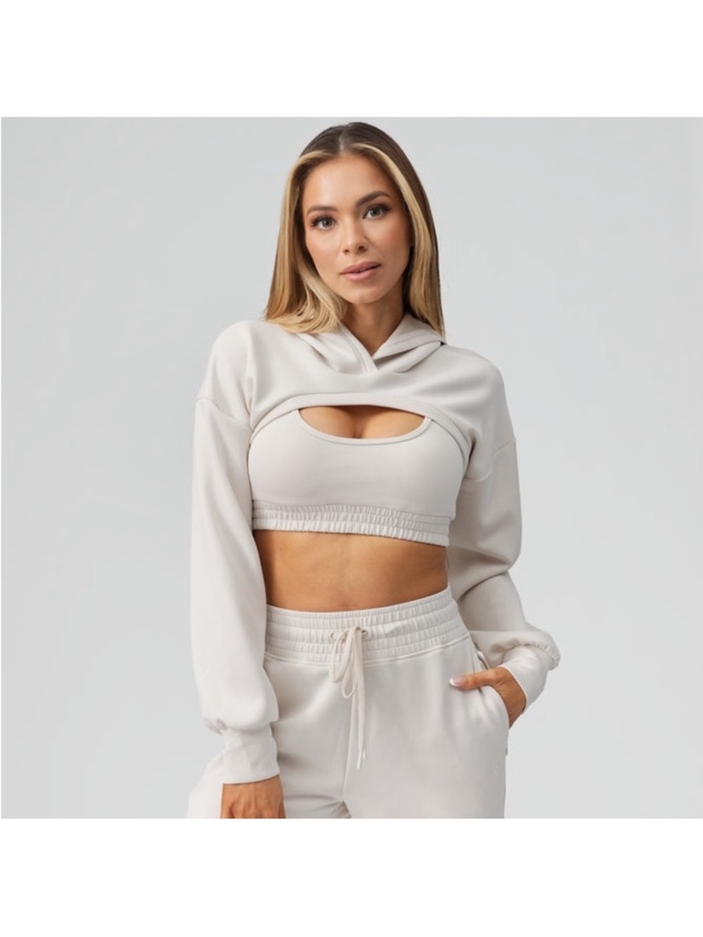 BuffBunny Luxe Bolero Hoodie Sz XL Cropped Cutout Hoodie Top in Eggshell